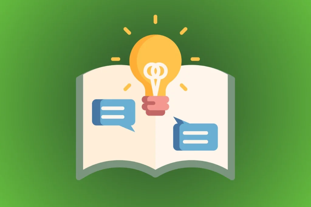 Ilustração de livro aberto com lâmpada acesa e balões de conversa, representando storytelling para marcas e como contar história de uma marca para gerar conexão.
