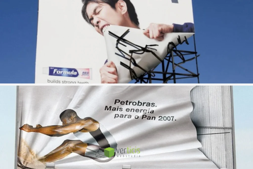 Como criar uma mensagem de marca em campanhas publicitárias: exemplos visuais de anúncios criativos com impacto, força de marca e apelo emocional.