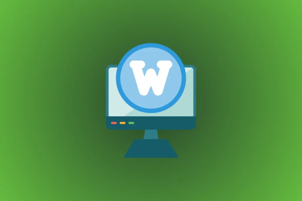 Ilustração de um computador com o símbolo do WordPress, representando plugins para performance, segurança e SEO.