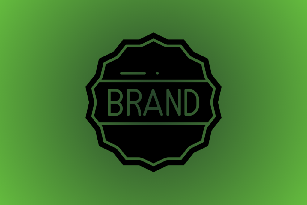Selo preto com a palavra “BRAND” sobre fundo verde, representando branding e identidade de marca.