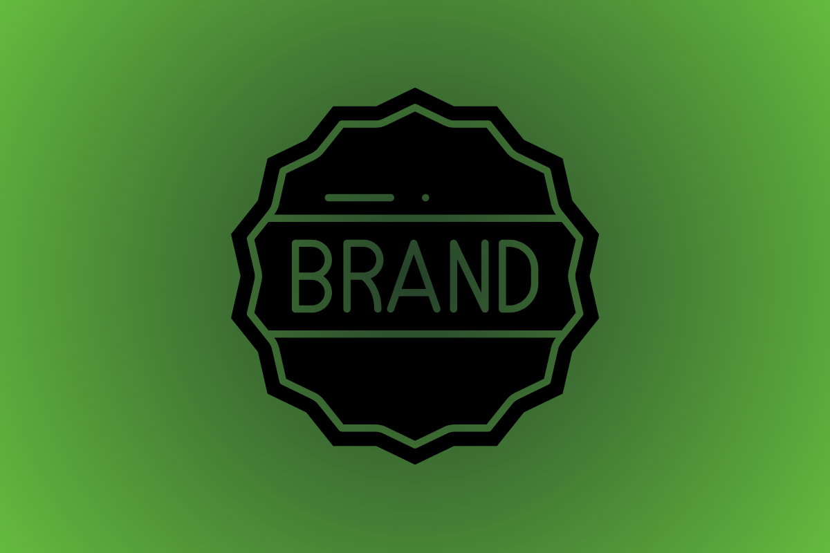 Selo preto com a palavra “BRAND” sobre fundo verde, representando branding e identidade de marca.
