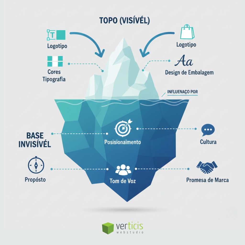 Ilustração de iceberg mostrando elementos visíveis (logotipo, cores, tipografia, embalagem) e base invisível (propósito, posicionamento, tom de voz, cultura), explicando branding.