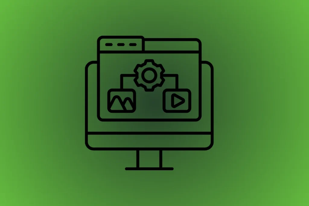 Ilustração de tela com ícones de imagem, vídeo e engrenagem, representando formatos de conteúdo para blog.