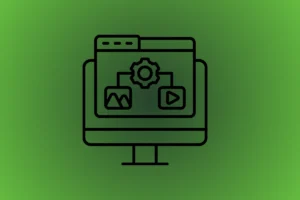 Ilustração de tela com ícones de imagem, vídeo e engrenagem, representando formatos de conteúdo para blog.