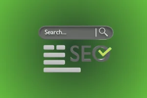 Ilustração conceitual sobre SEO, com barra de busca, lista de resultados e ícone de verificação verde, representando a importância estratégica do blog para marketing e SEO em 2026