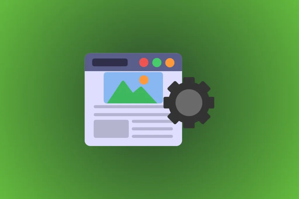 Ilustração de uma página de site com engrenagem, representando a otimização de performance e SEO no WordPress.