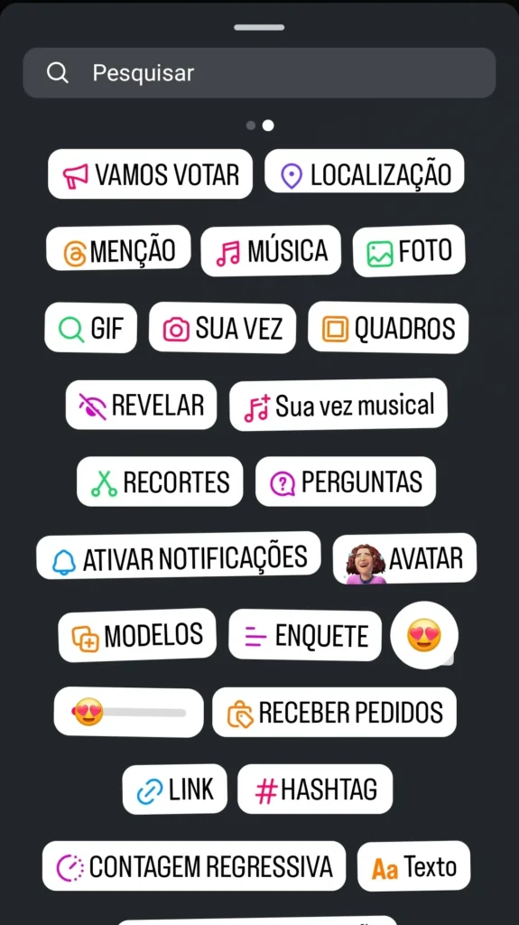 print da tela de widgets do Instagram