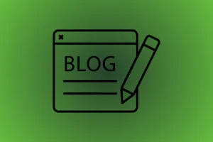 Ilustração verde com ícone de janela de blog e lápis, representando criação de conteúdo e escrita de blog posts.”