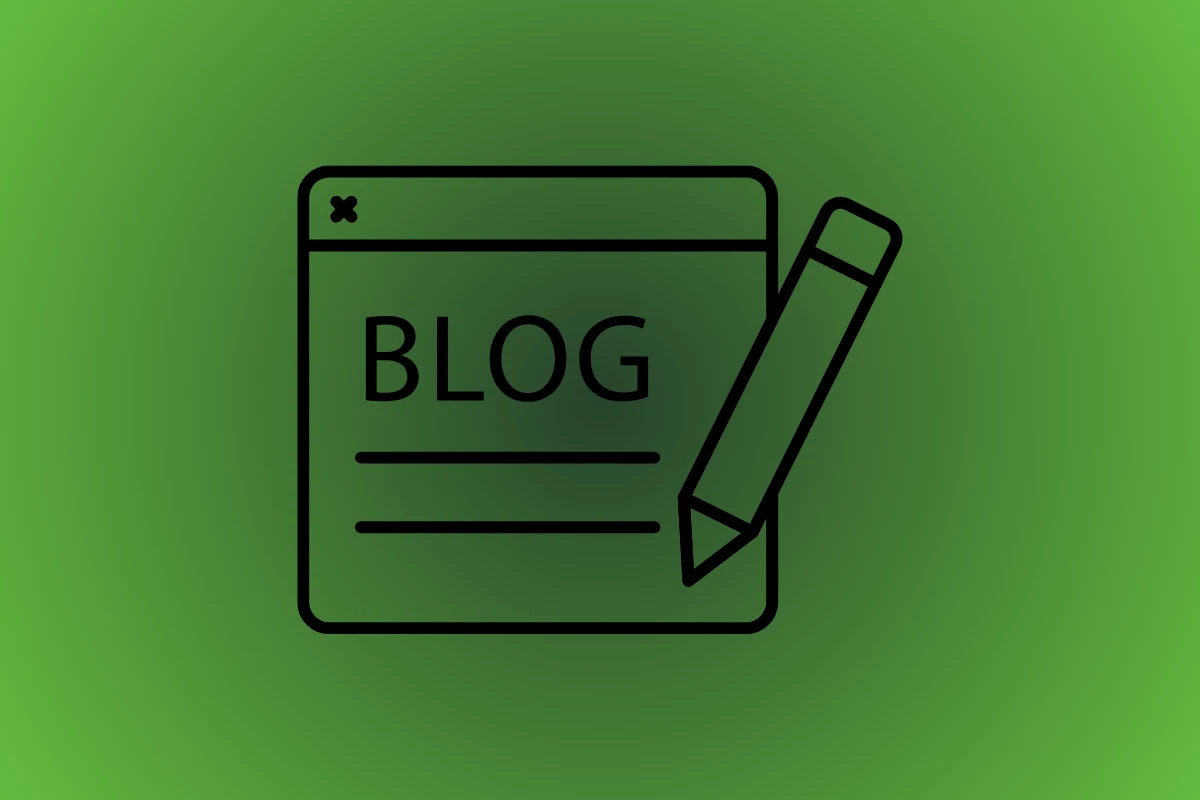 Ilustração verde com ícone de janela de blog e lápis, representando criação de conteúdo e escrita de blog posts.”