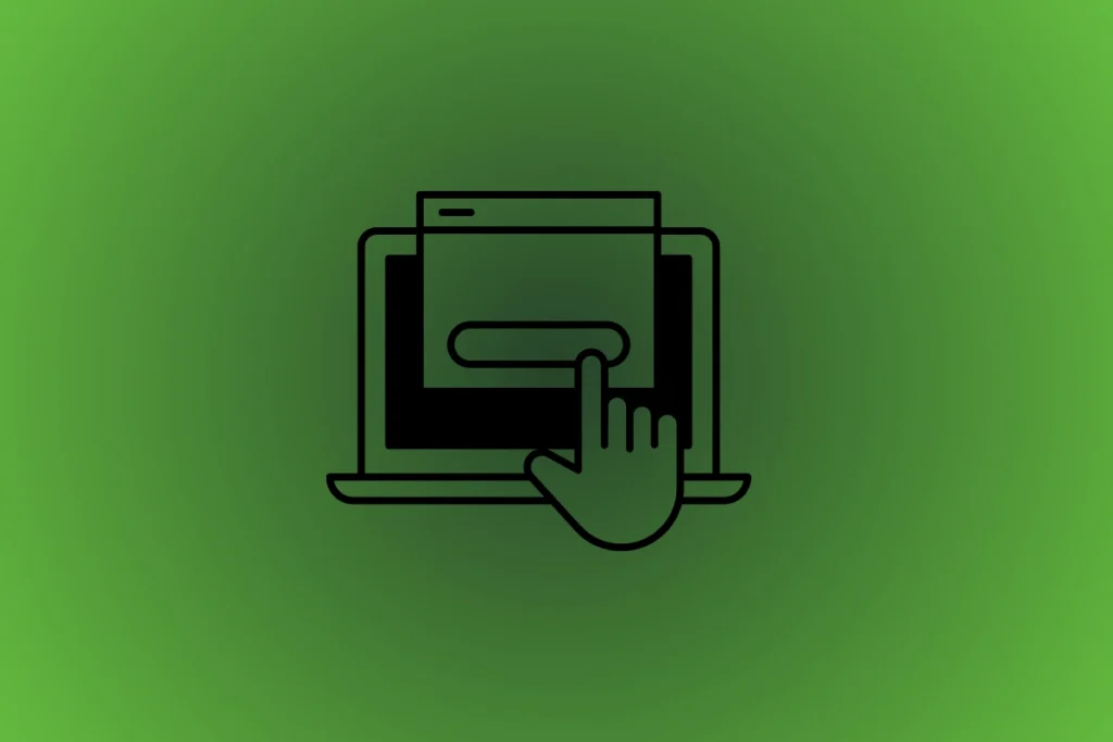 Ilustração de notebook com formulário e ícone de clique, representando a criação de um site institucional com planejamento estratégico.