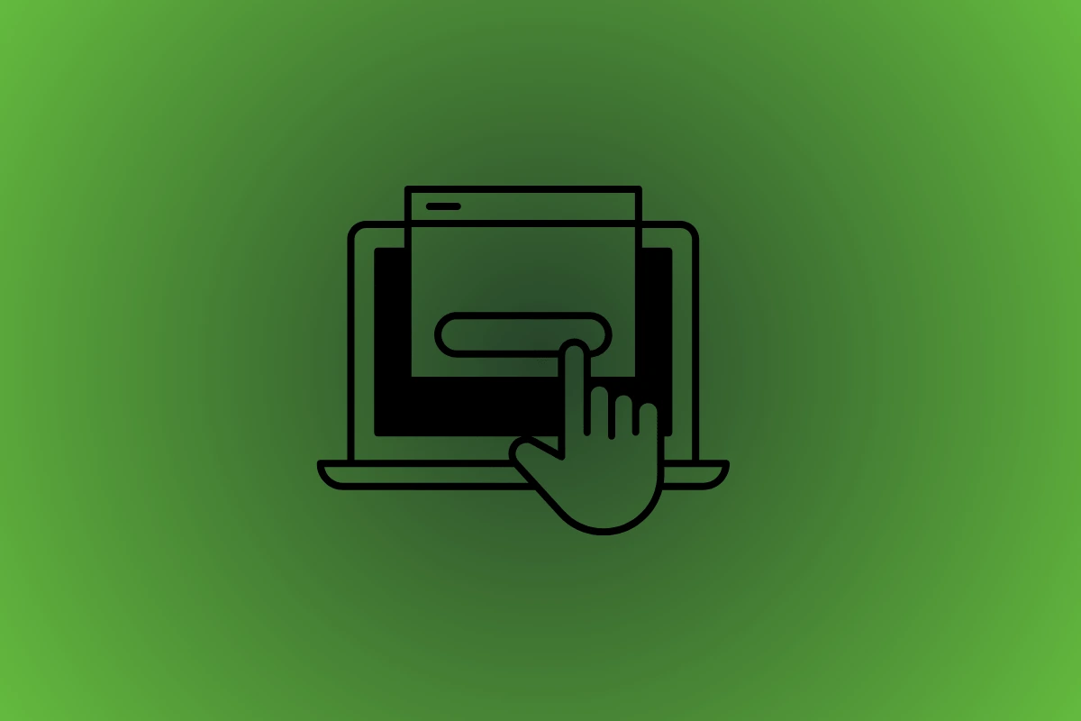 Ilustração de notebook com formulário e ícone de clique, representando a criação de um site institucional com planejamento estratégico.