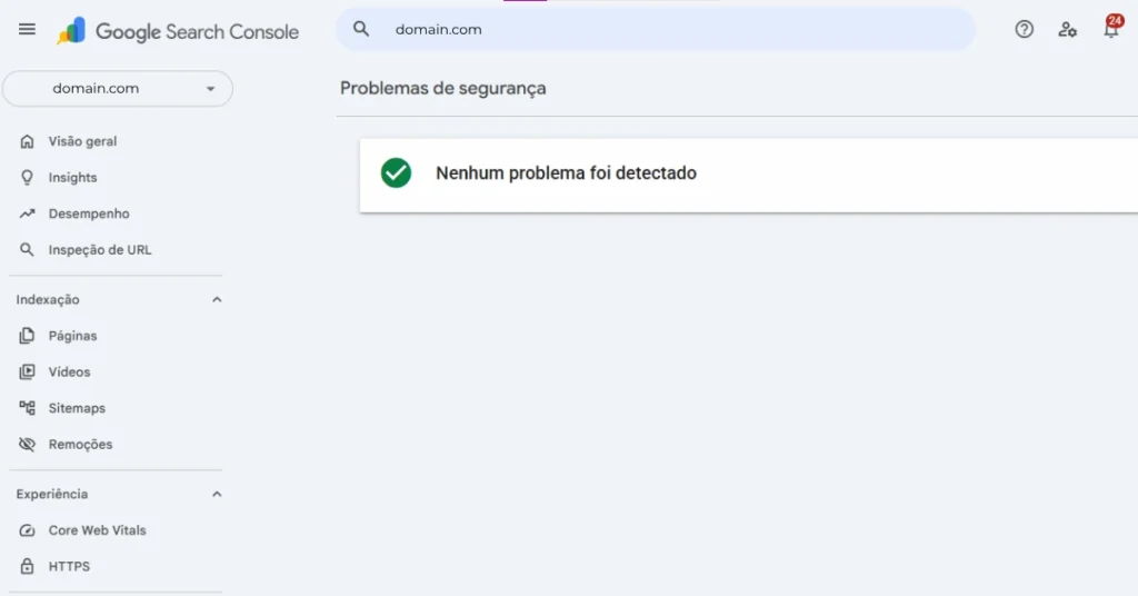 Tela do Google Search Console na seção “Problemas de segurança”, exibindo a mensagem “Nenhum problema foi detectado” após uma nova análise do site comprometido.